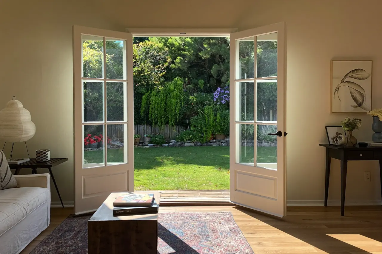 French doors opening from a room to a garden